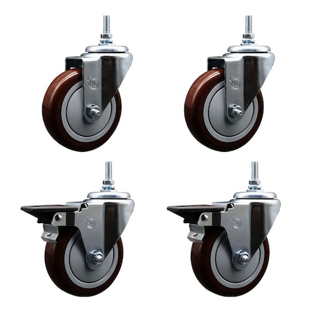 Service Caster 5 Inch Maroon Polyurethane 38 Inch Threaded Stem Caster Set 2 Brakes SCC SCC-TS20S514-PPUB-MRN-381615-2-PLB-2